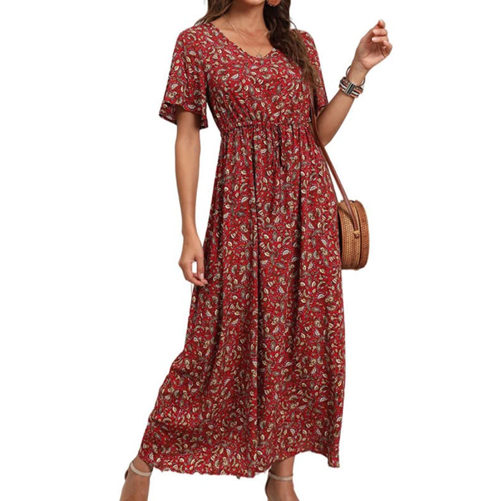 

Women Maxi Dress Sexy Floral Print V Neck Short Sleeve Summer Dresses Casual High Waist Lace Up Ruffles Beach Boho Sundress Lady
