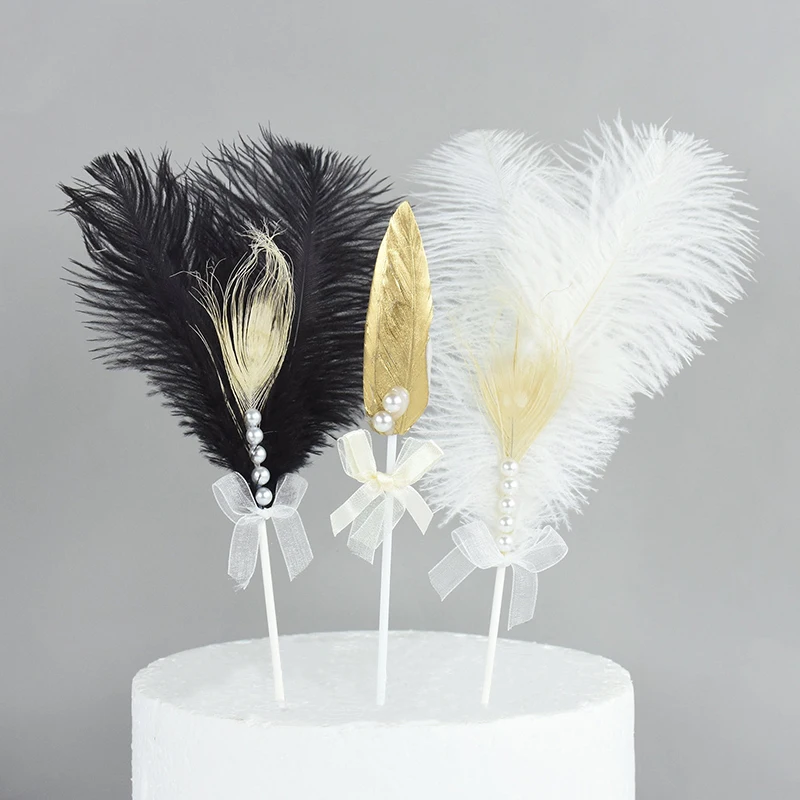 

Black White Feather Cake Topper Wedding Birthday Party Dessert Topper Picks Anniversary Cake Decoration Supplies