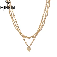 minhin heart gold color pendant necklace 2pcs paper clip cuban chain stainless steel punk choker geometric fashion jewelry gifts