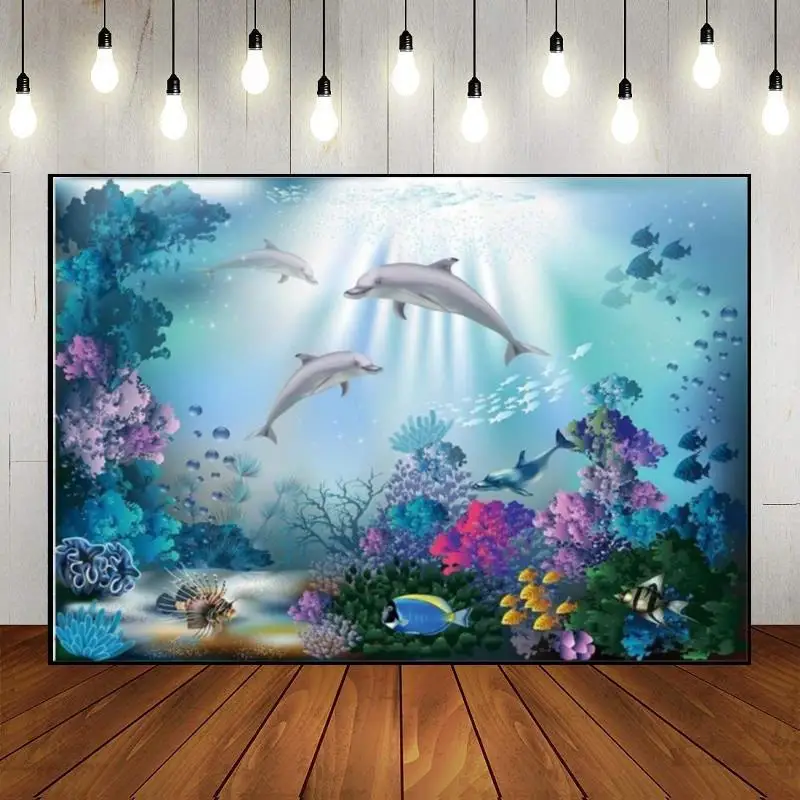 

Фон для фотосъемки с изображением Кита под морем, морского краба, голубого морского баннера, украшение для дня рождения мальчика, Фотофон на...