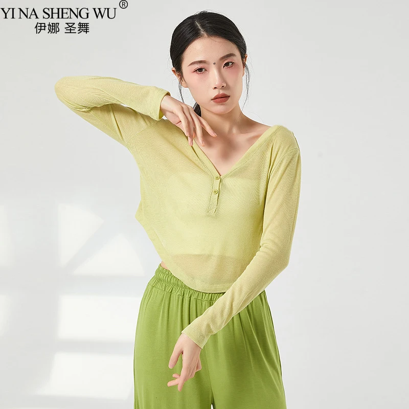 

Топ Китайский классический для танца живота, свободная полупрозрачная короткая блузка с V-образным вырезом и длинным рукавом, для взрослых, танцевальная одежда