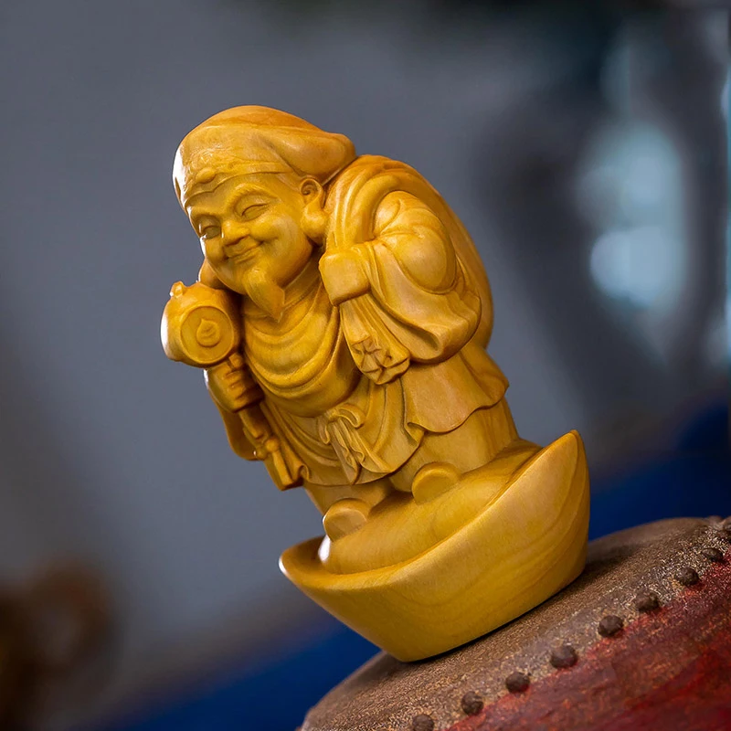 XS348-8 см высота Daikokuten самшит скульптура Бог богатства резьба по дереву статуя