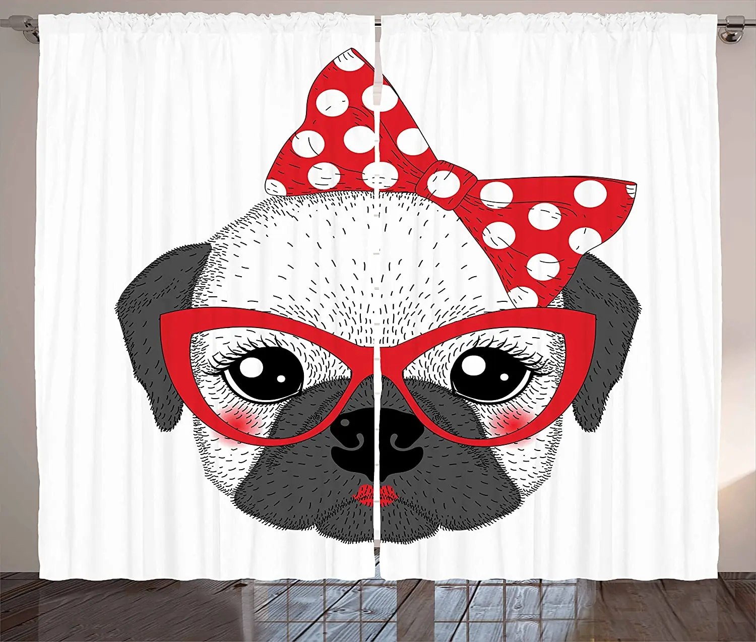 

Bulldog Blackout Curtains Funny Female Pet with Pin up Style Bowtie and Retro Style Glasses Window Curtain