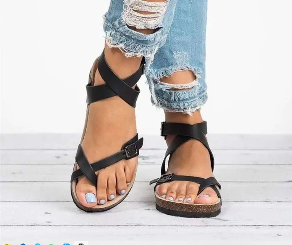 Women's sandals sandals new women's summer belt buckle sandals to increase size 43 leather flat sandals female trigger leisure b