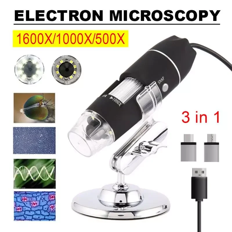 

Цифровой микроскоп, регулируемый, со светодиодсветодиодный подсветкой, 1600 крат, USB/Type-C/Micro Zoom, эндоскоп с увеличением, электронный USB-микроск...