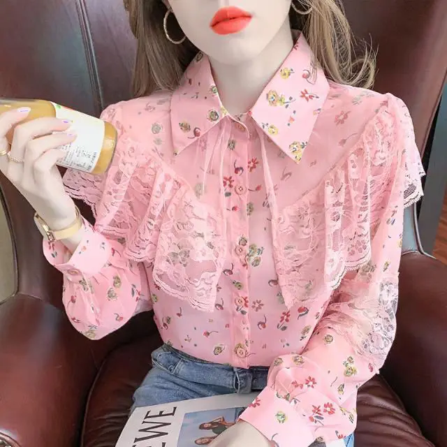 

2022 Autumn Spring Korean Sweet Chiffon Clothes Lace Up Ruffled Women Blouses Fashion Lady Tops Vintage Print Shirts Female C158