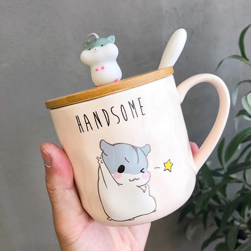 

400ml Creative Cute Hamster Cup Cartoon Spoon Ceramic Coffee Cup Office Cup Couple Cup Kitchen Tableware Breakfast Cup Gift