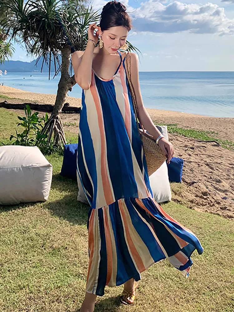 Женское длинное платье в полоску Элегантное повседневное свободное на