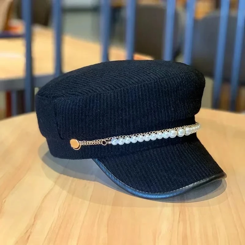 Кепка-берет Женская с жемчужной цепочкой Модный берет тёмно-синего цвета