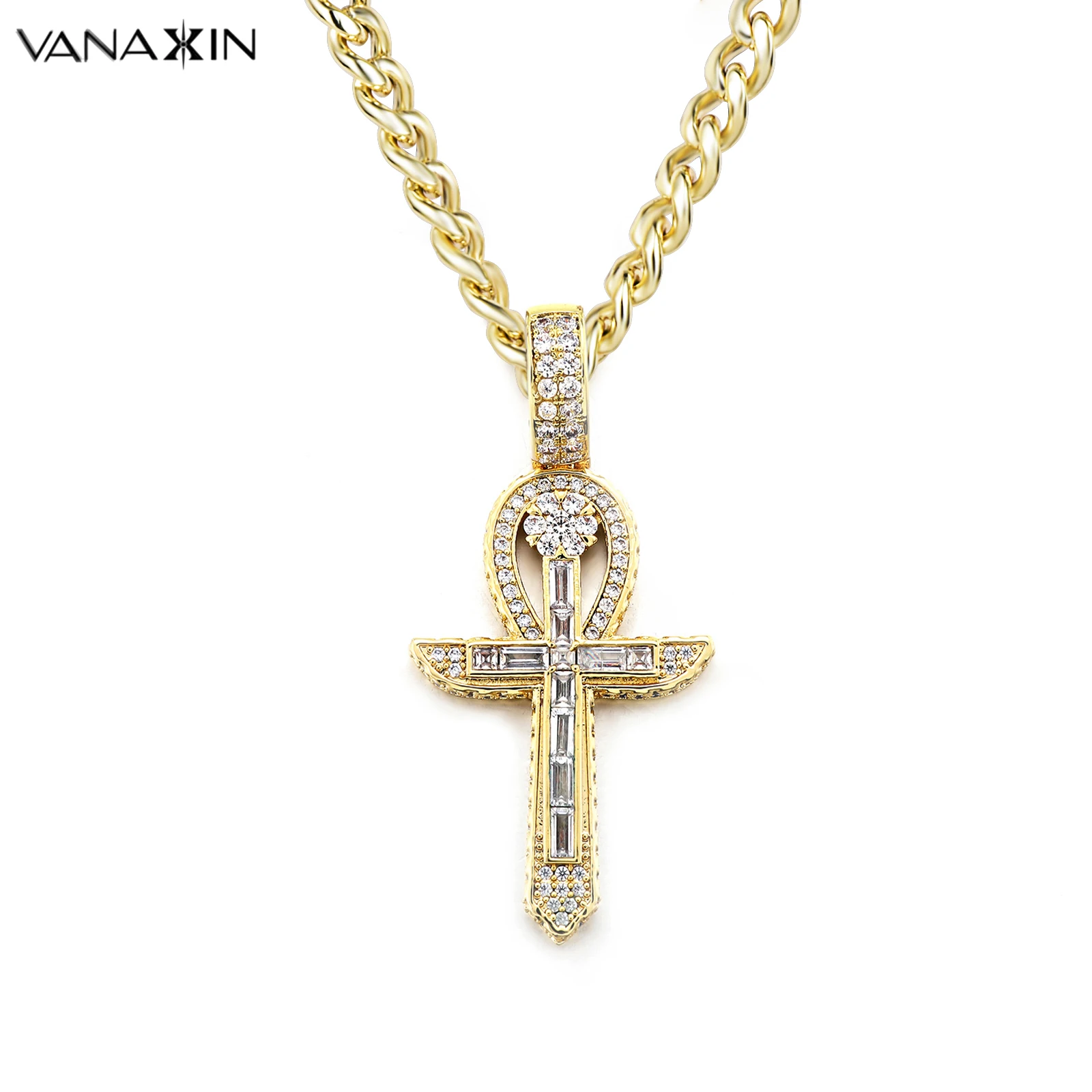 

VANAXIN Hip Hop Cross Pendant For Men Women Iced Out With Cross Pendant Necklace Chain Gold Color Homme Jewelry Gift