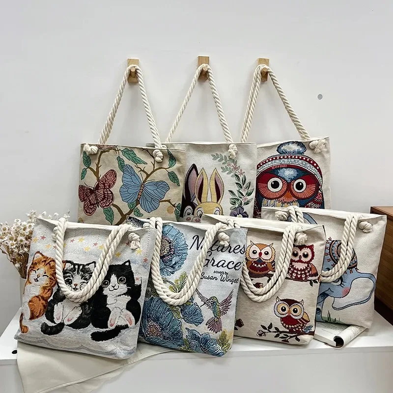 

Print Large Capacity Canvas One Shoulder Bag Women Cat Cartoon Casual Shopper Tote Bag Reusable Harajuku Travel School Handbag