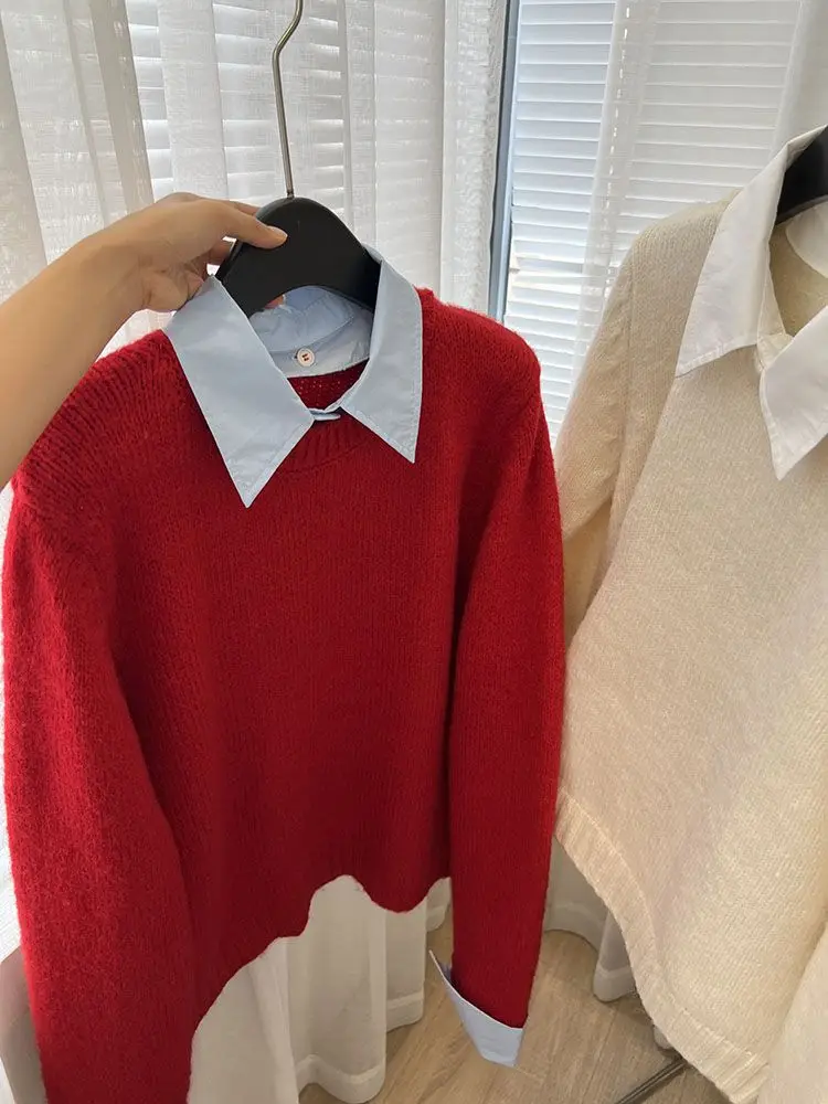 Moyi Yixiu вязаный свитер осенняя рубашка из двух предметов новый стиль контрастный