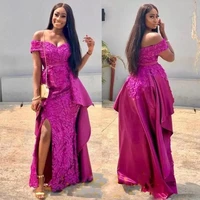 fuchsia lace off the shoulder prom dresses saudi arabia aso ebi style evening gowns floor length african party dress 2022