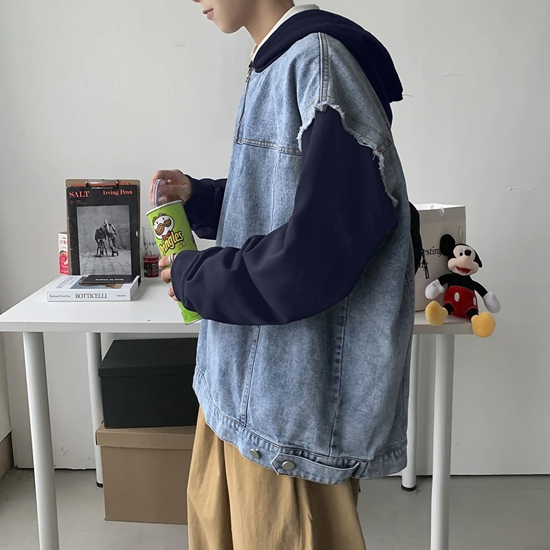 

Свитер MrGB с длинным рукавом, сращенная джинсовая куртка, мужские свободные модные Лоскутные Повседневные осенние пуловеры, пальто с капюшоном, пальто в стиле Харадзюку