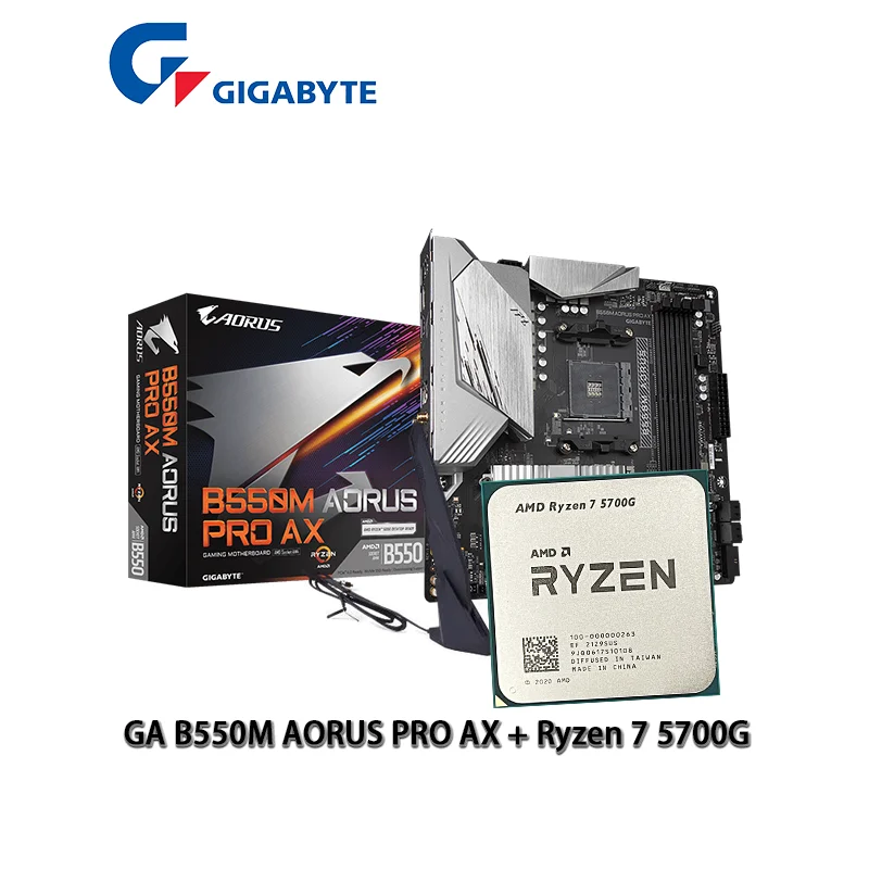 Материнская плата AMD Ryzen 7 5700G R7 5700G + GIGABYTE GA B550M AORUS PRO AX, подходит для Socket AM4, новая, но без кулера