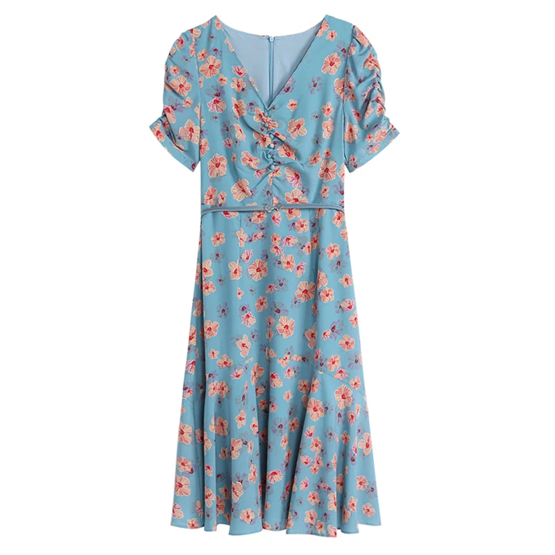 Женское шифоновое платье с V-образным вырезом голубое повседневное облегающее