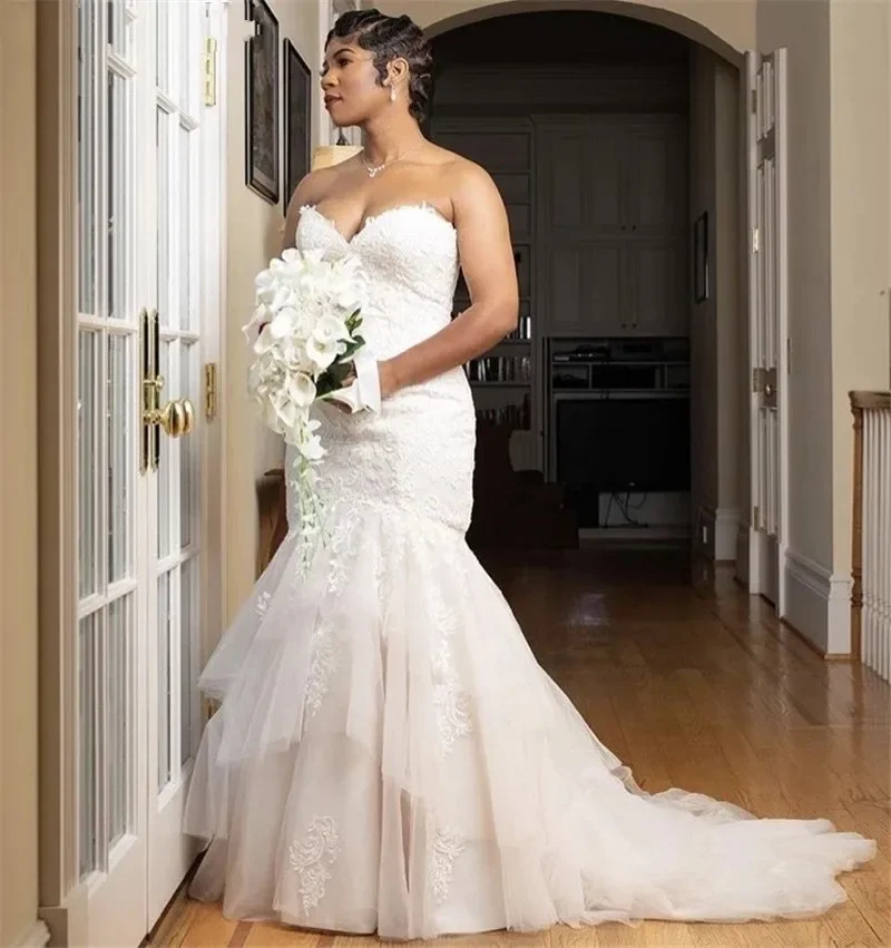 

Sexy Sweetheart Mermaid Wedding Dresses Applique Robe De Mariee Charming Court Train Formal Bridal Gowns Plus Size