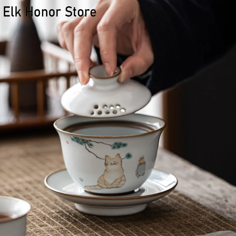 

150ml Boutique Ru Kiln Art Ceramic Tea Tureen Pure Hand Painted Ice Cracked Glaze Gaiwan Chinese Style Kung Fu Porcelain Tea Set