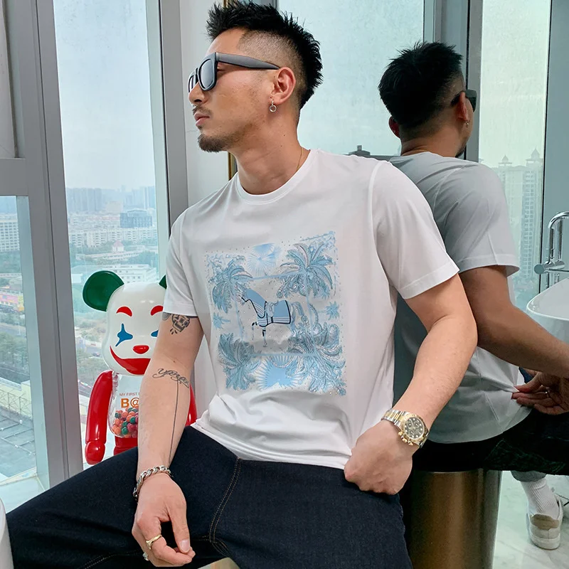 

T-Shirts Summer New Men's 2023 Popular Style Diamond Horse Printing Design Mercerized Cotton Round Neck Slim Fashion Tees M-4XL