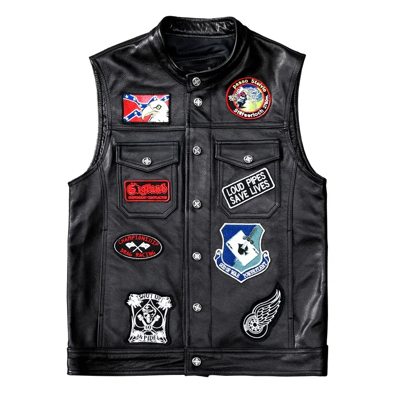 

Motorcycle Vest Top Layer Cowhide Natural Leather Jacket Men Short Multi Vests Trend New In Outwear Spring Clothes Male 5XL