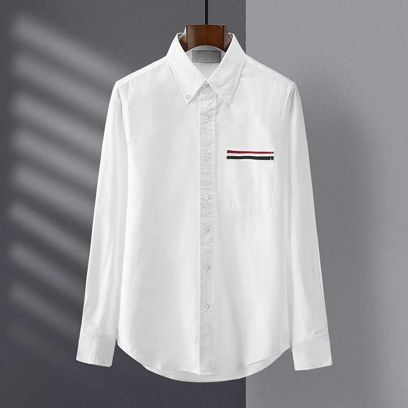 

Мужская рубашка с длинными рукавами, Классическая приталенная рубашка с карманами, контрастным воротником и нарядными манжетами, весна-лето