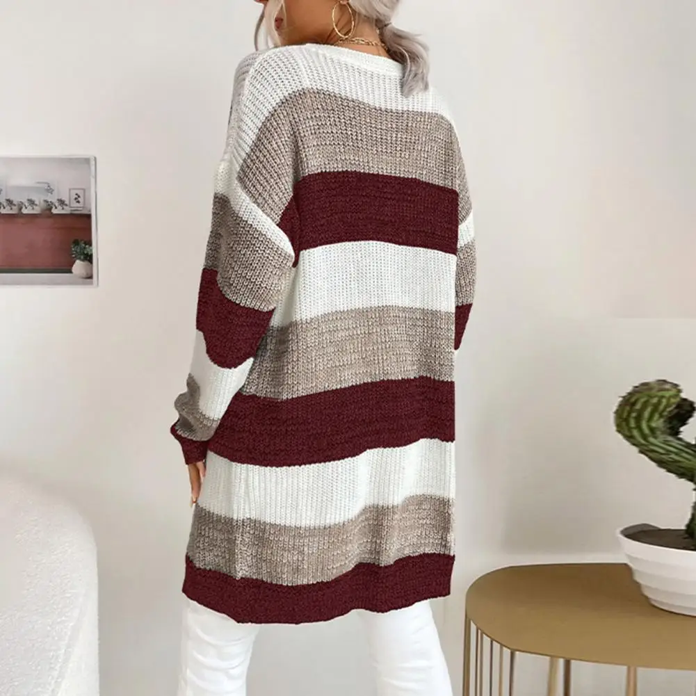 

Breathable Jacket Lightweight Polyester Jacket Colorblock Knitted Sweater Coat Warm Stylish Women's Fall/winter Outerwear