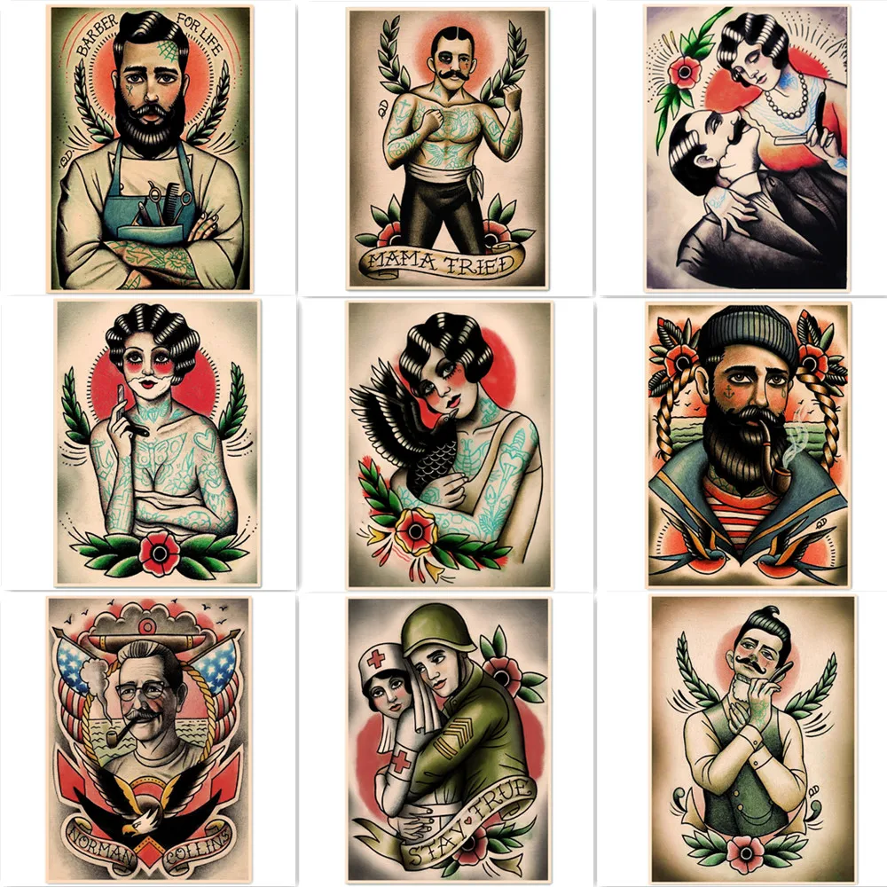 

Beautiful Tattoo Art Pictures Vintage Poster and Prints Barber Shop Home Decor Retro Kraft Paper Print Art Painting Wall Sticker