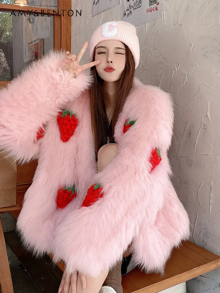 New Style Wool Woven Fur Coat Female Strawberry Sweetheart Young Fur Coat for Women Slimming V-neck Wool Coats for Ladies
