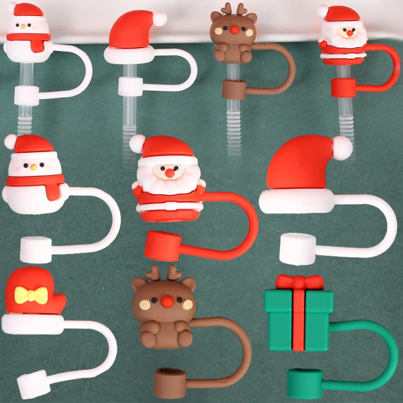 

Рождественские соломенные чехлы с милыми мультяшными рисунками, Санта, снеговик, силиконовая соломенная крышка с наконечниками, многоразовая Пыленепроницаемая крышка для чашки, домашний декор