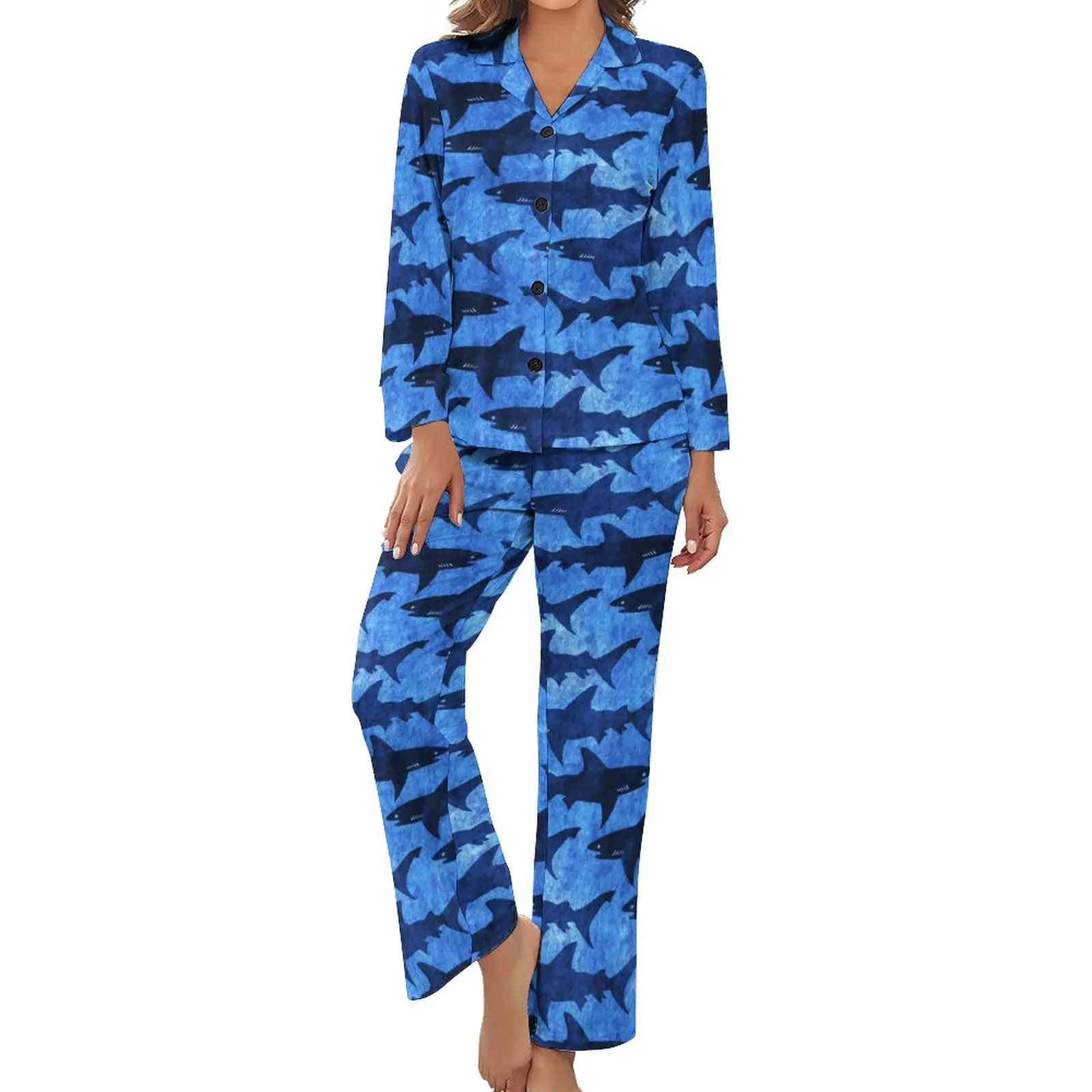 

Shark in The Deep Blue Sea Pajamas Long Sleeves Funny Animal 2 Pieces Casual Pajama Sets Daily Womens V Neck Romantic Home Suit