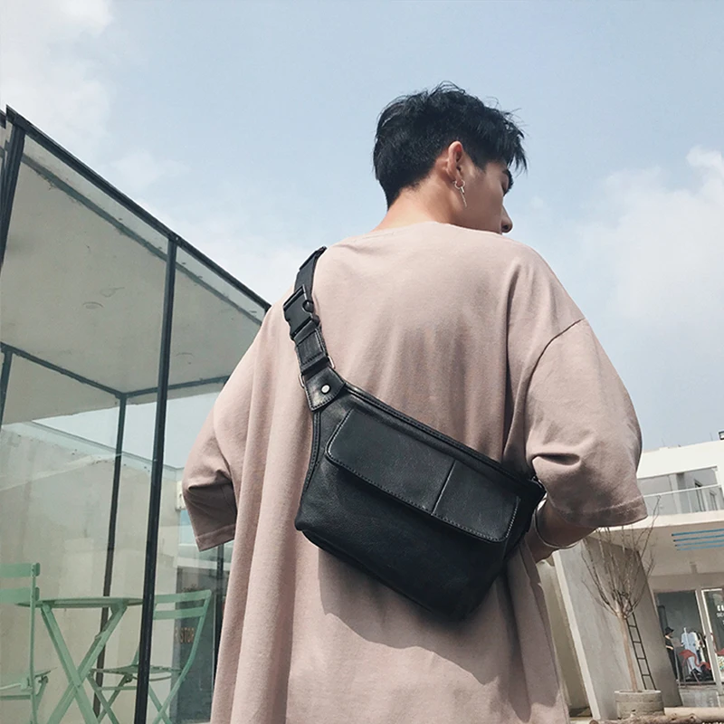 Small Shoulder Bags for Men Casual Single Strap Crossover Purse Solid Color Black Leather Chest Belt Purses Mens Bag Crossbody