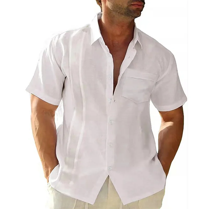 

New Summer Short Sleeve Guayabera Dress T Shirt for Men Cotton Cuban Shorts Regular-fit Spread Collar Button Down Beach Tops