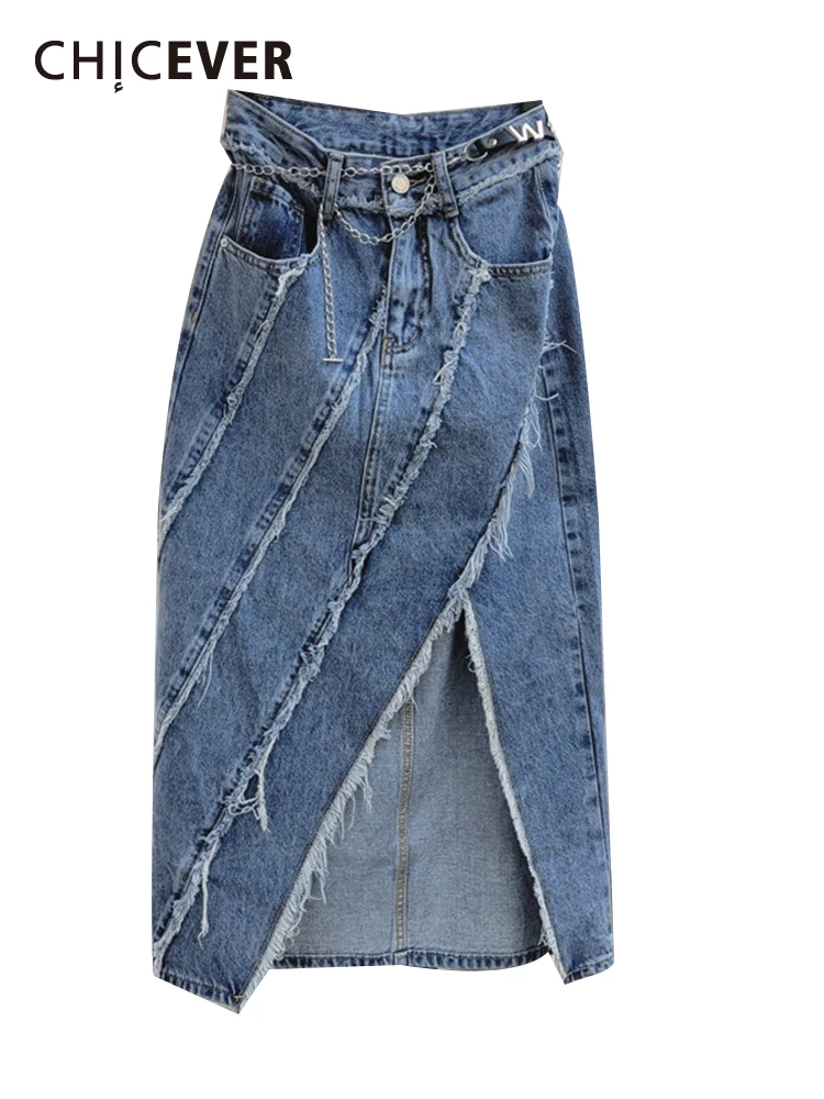 

CHICEVER Thigh Split Denim Skirts For Women High Waist Patchwork Zipper Tierred Raw Hem A Line Midi Skirt Female Summer Clothes