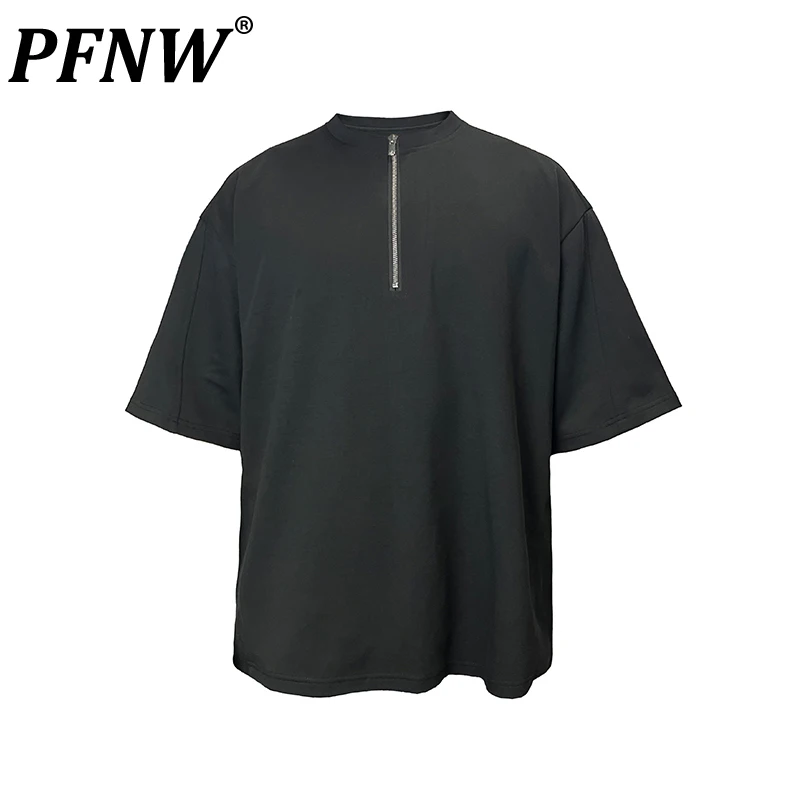 

PFNW Summer Men's Tide Breathable Half Zippers Short Sleeve T-shirt Cotton Anti-wrinkle Solid Color Personallity Tops 12Z1559