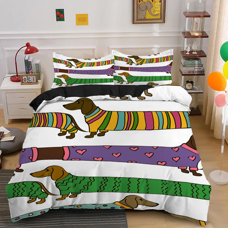 Dachshund Dog King Queen Duvet Cover Cartoon Pet Puppy Bedding Set Sausage Dog Quilt Cover Cute Animal Polyester Comforter Cover