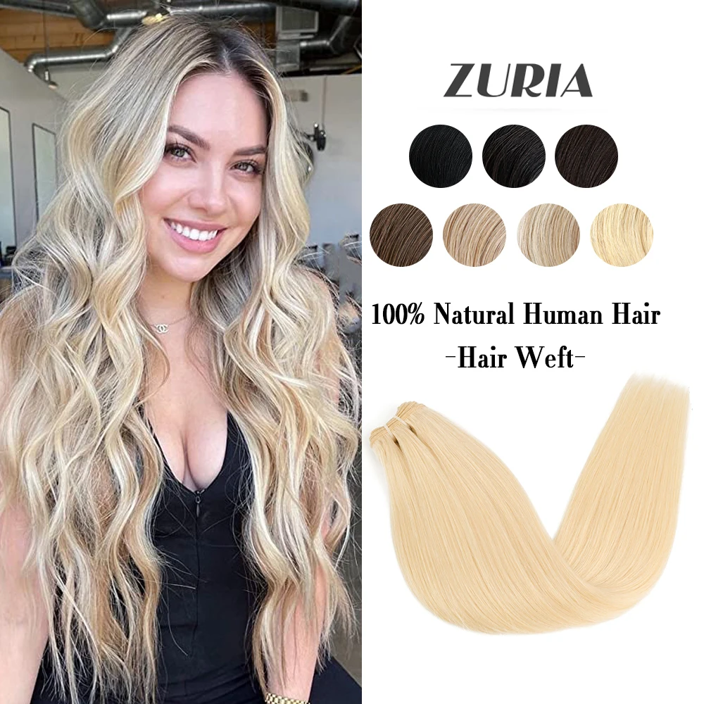 ZURIA 20/24inch Human Hair Weft Invisible Straight Weaving Bundles Natural Hand Tied Virgin Real Hair Extensions For Women DIY