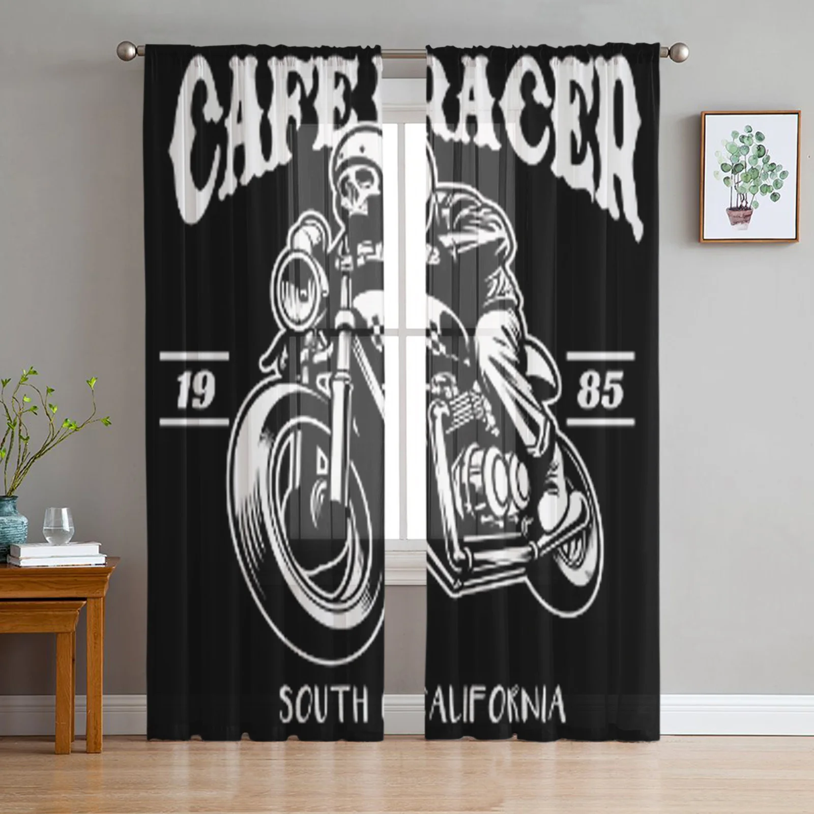 

Skull Mascot Racer Motorcycle Living Room Tulle Curtains Print Drape for Kids Bedroom Home Decor Kitchen Window Sheer Curtain