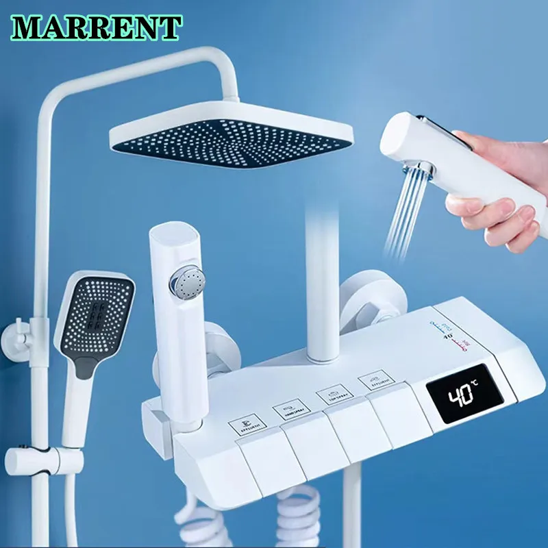 

MARRENT Piano Digital Shower Set Quality Brass Hot Cold Bathroom Mixer Tap Faucets Wall Mounted White Thermostatic Shower System