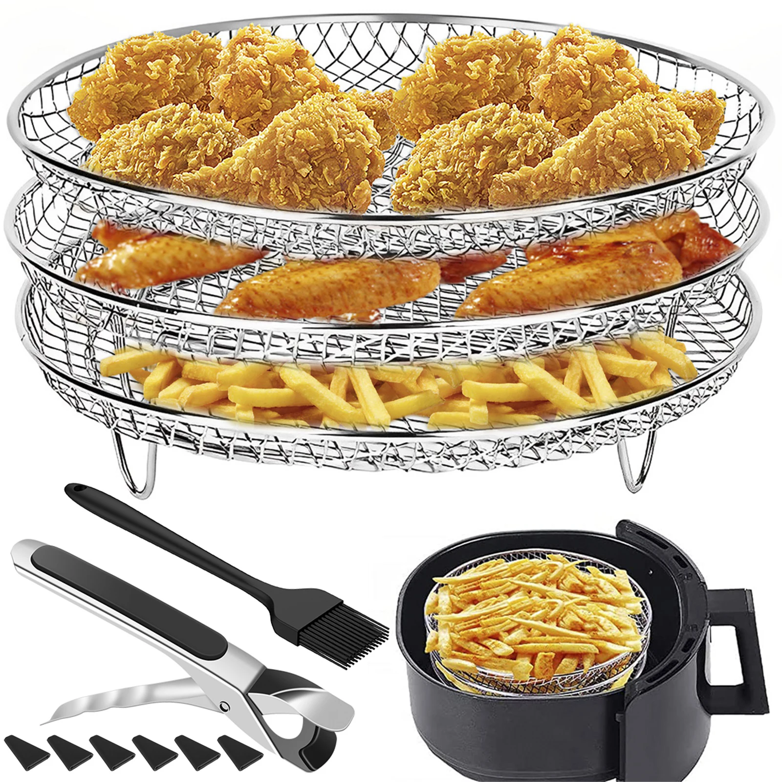 

Air Fryer Dehydrator Rack Stainless Steel Dehydrator Rack Grill Round Steam Grill with Oil Brush and Anti-Scald Clip Stackable