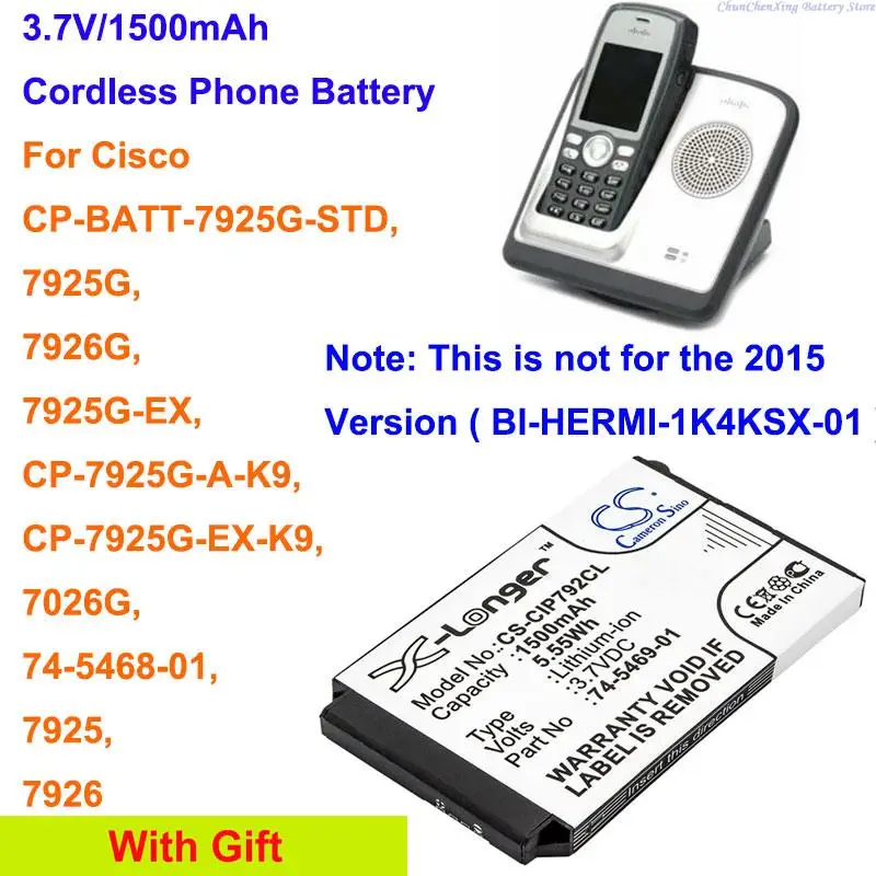 

CameronSino 1500mAh Cordless Phone Battery for Cisco 7925G,7926G,7925G-EX,7026G,7925,7926,Note: This is not for the 2015 Version