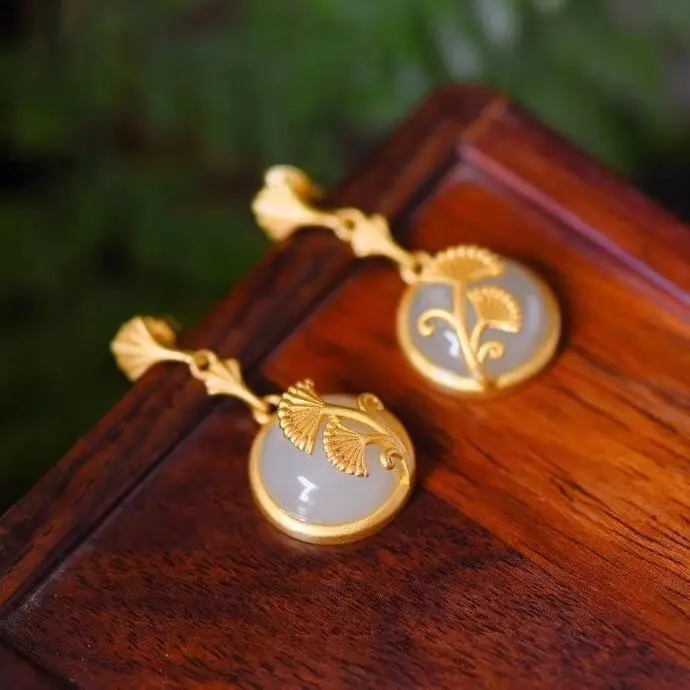 

Серьги-гвоздики в виде натурального круглого яйца, инкрустированные чистой гвоздиком из S925 гинкго билоба, Винтажные Украшения, эффектные женские модели