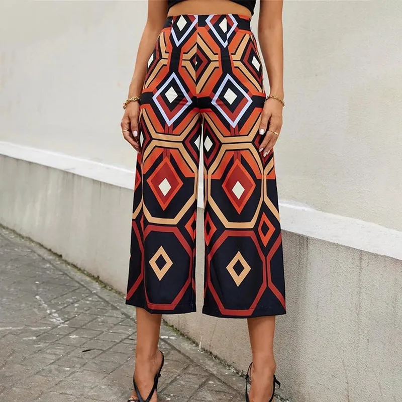 

Wide Leg Pants Women Summer 2022 Casual High Waist Zipper Fly Geometric Vintage Loose Ankle Pants Trousers Female Pant Cropped