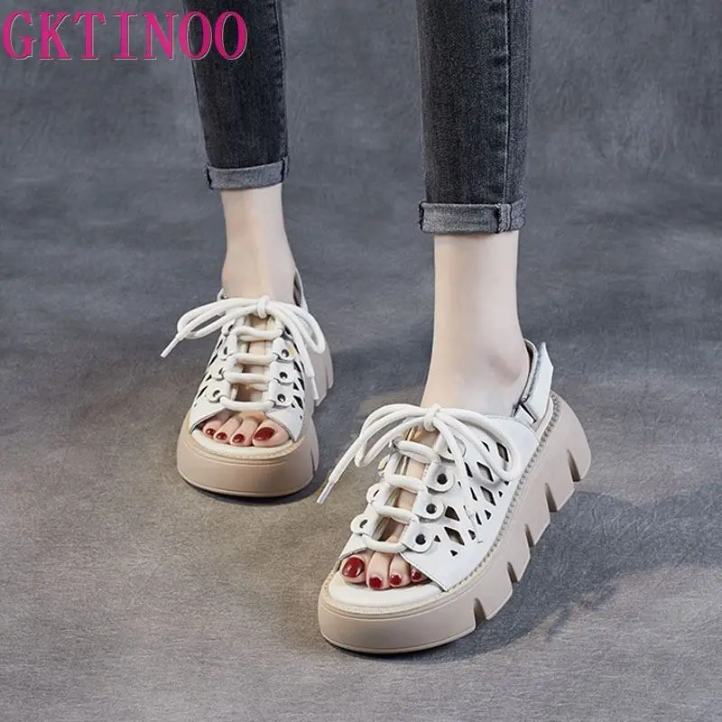 

GKTINOO 2022 Fashion Women Genuine Leather Platform Sandals Summer Open Toe Slingback Shoes Ladies Wedges Heel Gladiator Sandals