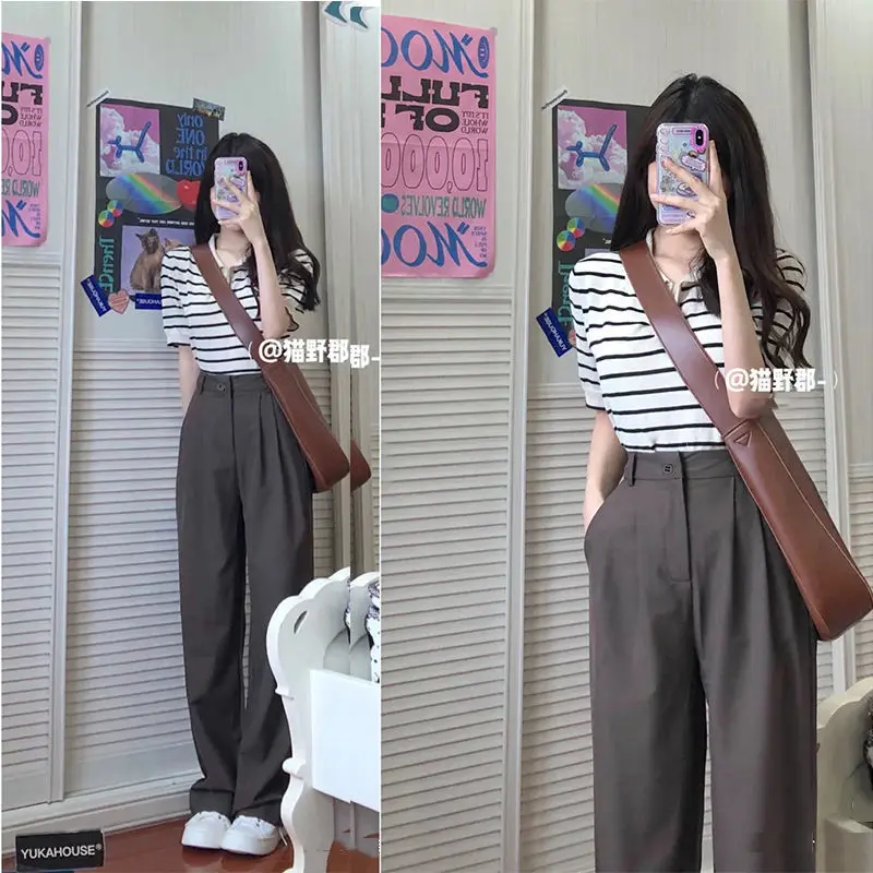 

Women 2022 Summer New Korean Suits Female Knitted Short-sleeved Tops and Loose Wide-leg Suit Pants Ladies Two-piece Sets K20