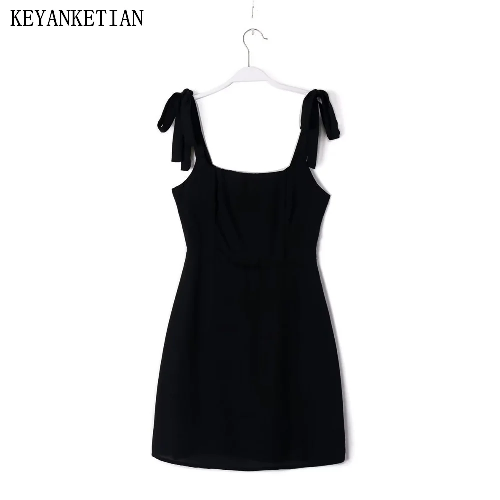 

KEYANKETIAN Lace Up High-Waisted Slip Dress New French Style Slash Neck Black Women's Sheath Dress Sleeveless Chiffon Dress