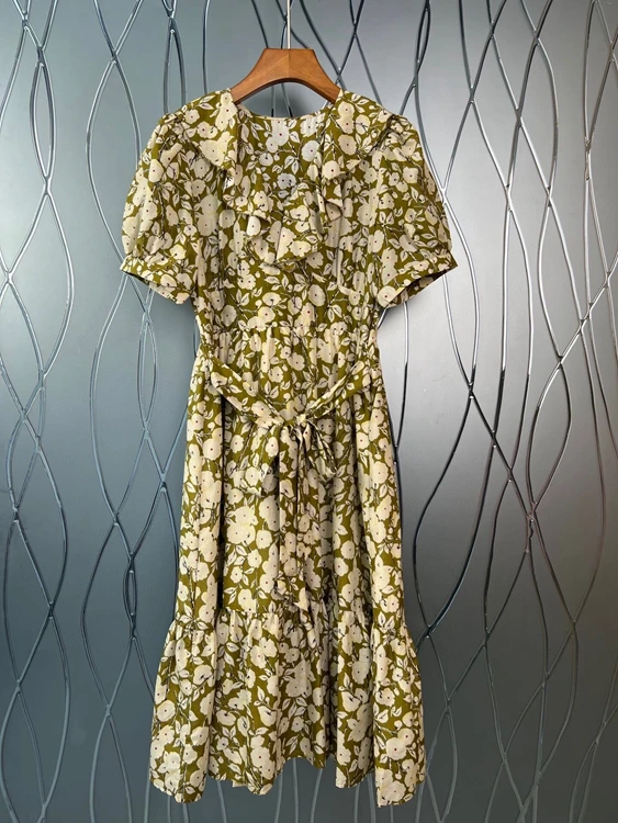 

Новинка 2022, женское модное платье с коротким рукавом, вышивкой и оборками, платье с принтом на шнуровке и узлом на талии, 517