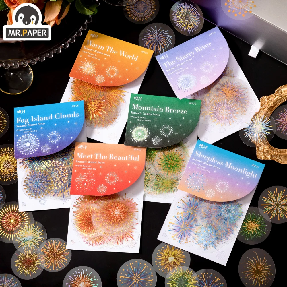 

Mr.Paper 30 Pcs/pack PET Waterproof Stickers INS Style Romantic Foil Fireworks Handbook DIY Decorative Collage Korean Stationery