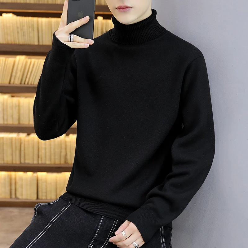 Turtleneck Sweater Men's Fall Winter Men Loose Trendy Fleece-Lined Thickened Knitting Wool Pullover Bottoming Shirt