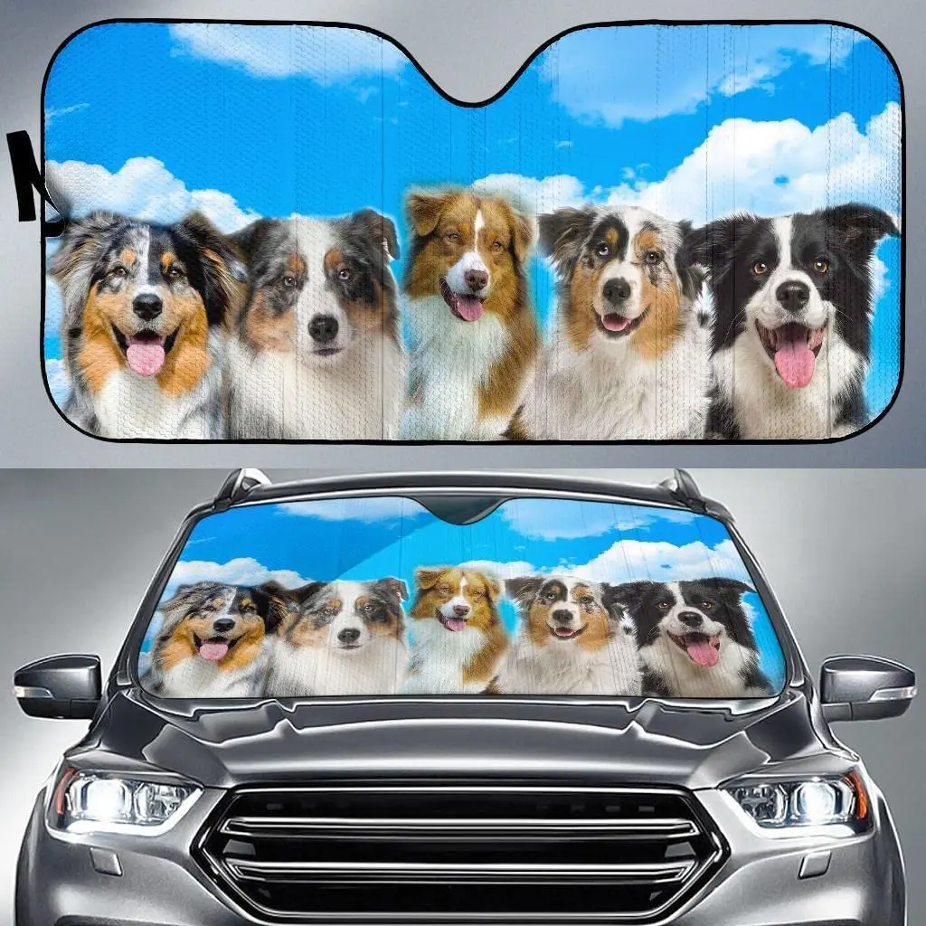 

Funny Australian Shepherd Dogs Blue Sky Pattern Car Sunshade, Australian Shepherd Dog Team Sky Background Auto Sun Shade, Visor