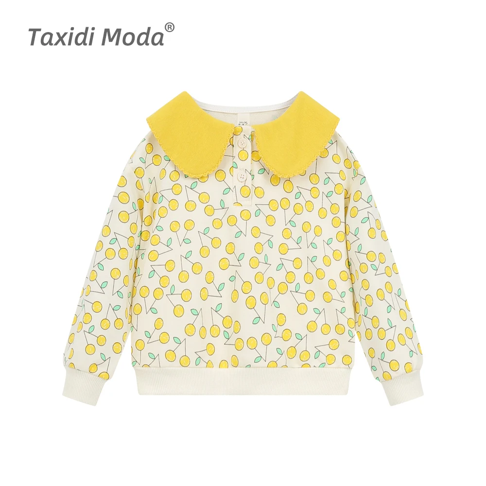 

Taxidi Moda 2022 Весенняя желтая одежда для маленьких девочек из хлопка с принтом для детей милый пуловер на пуговицах детская модная Толстовка 2127